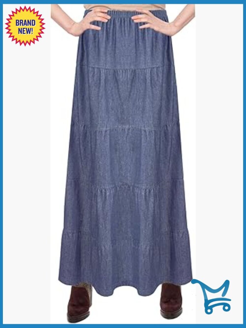 Ankle Length Tiered Denim Prairie Skirt High Rise Cotton